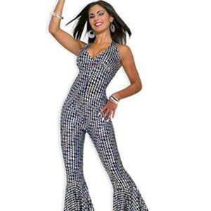 Costume Disco, Boogie Dancing, Womens jumpsuit and disco ball necklace - Med-Lg